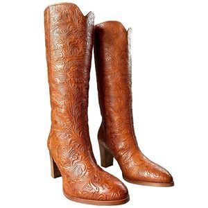 FRYE Italy Tooled Leather Brown Knee High Boots Women’s Size 9.5